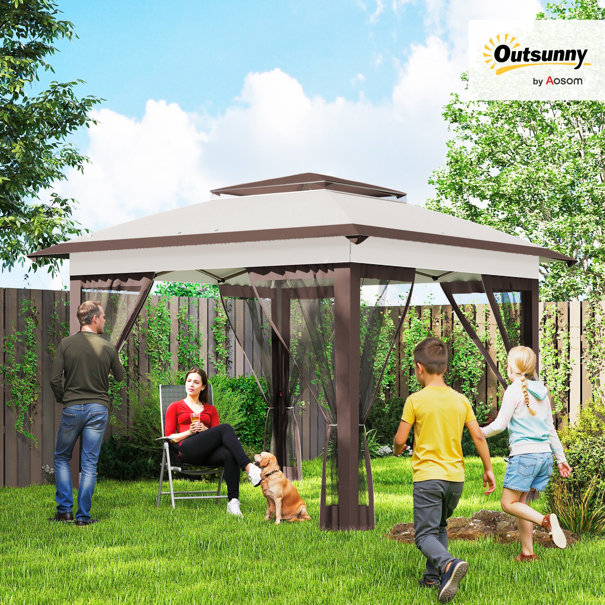 Pop-Up Canopy Tent with Netting 12x12ft Beige Brown