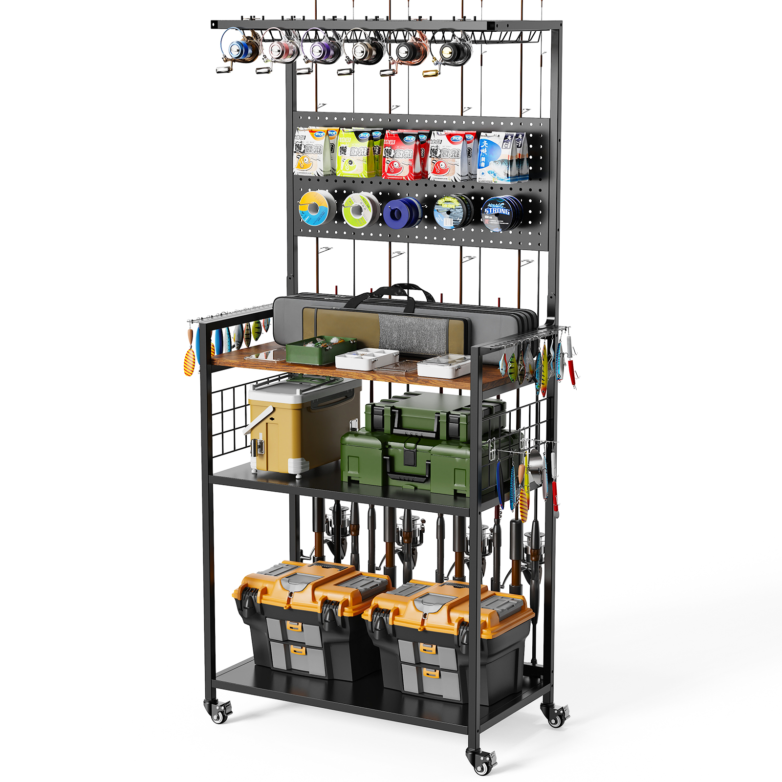 Fishing Rod Storage Rack with Pegboard, Rolling Tackle Organizer