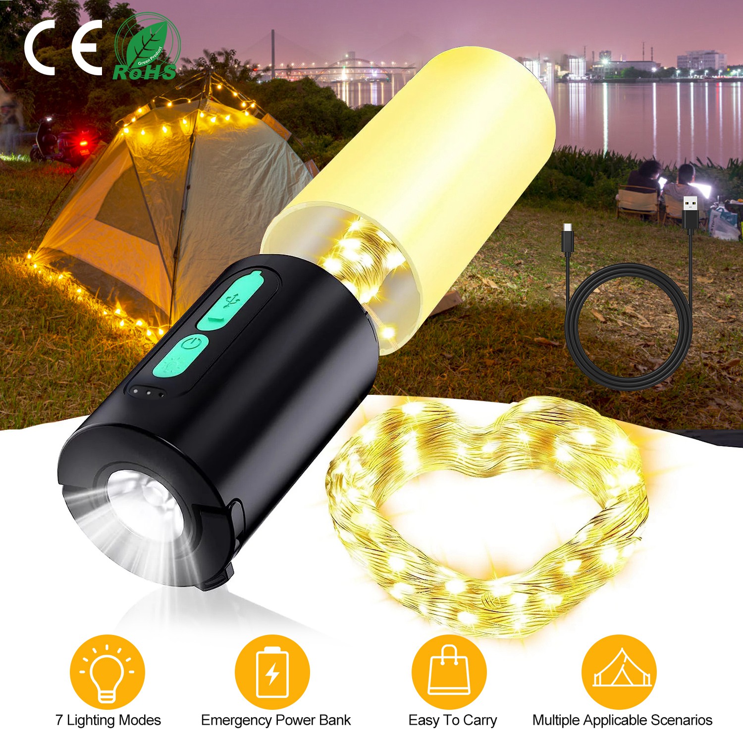 Camping String Light 4-in-1 Rechargeable Lantern, 10m