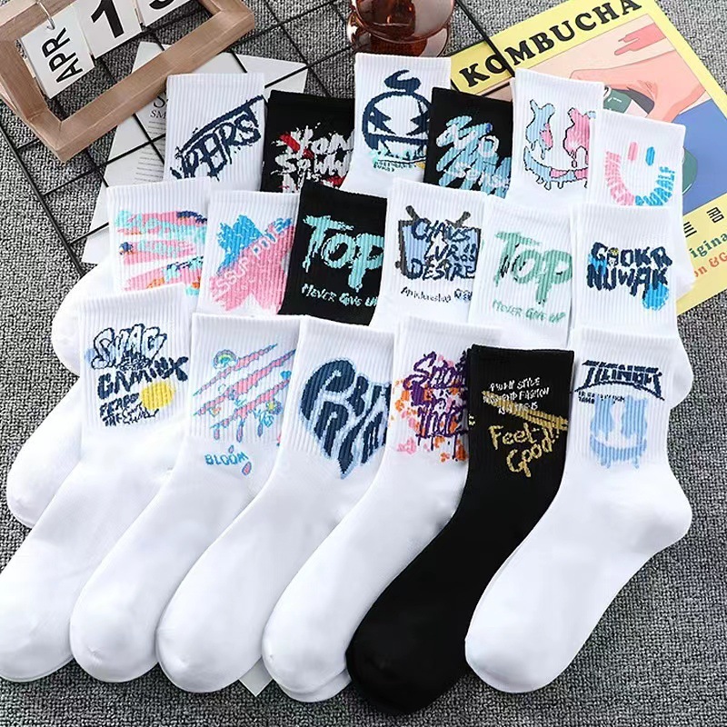 Socks, Mid-Calf Cotton Sports with Graffiti – 10 Pairs